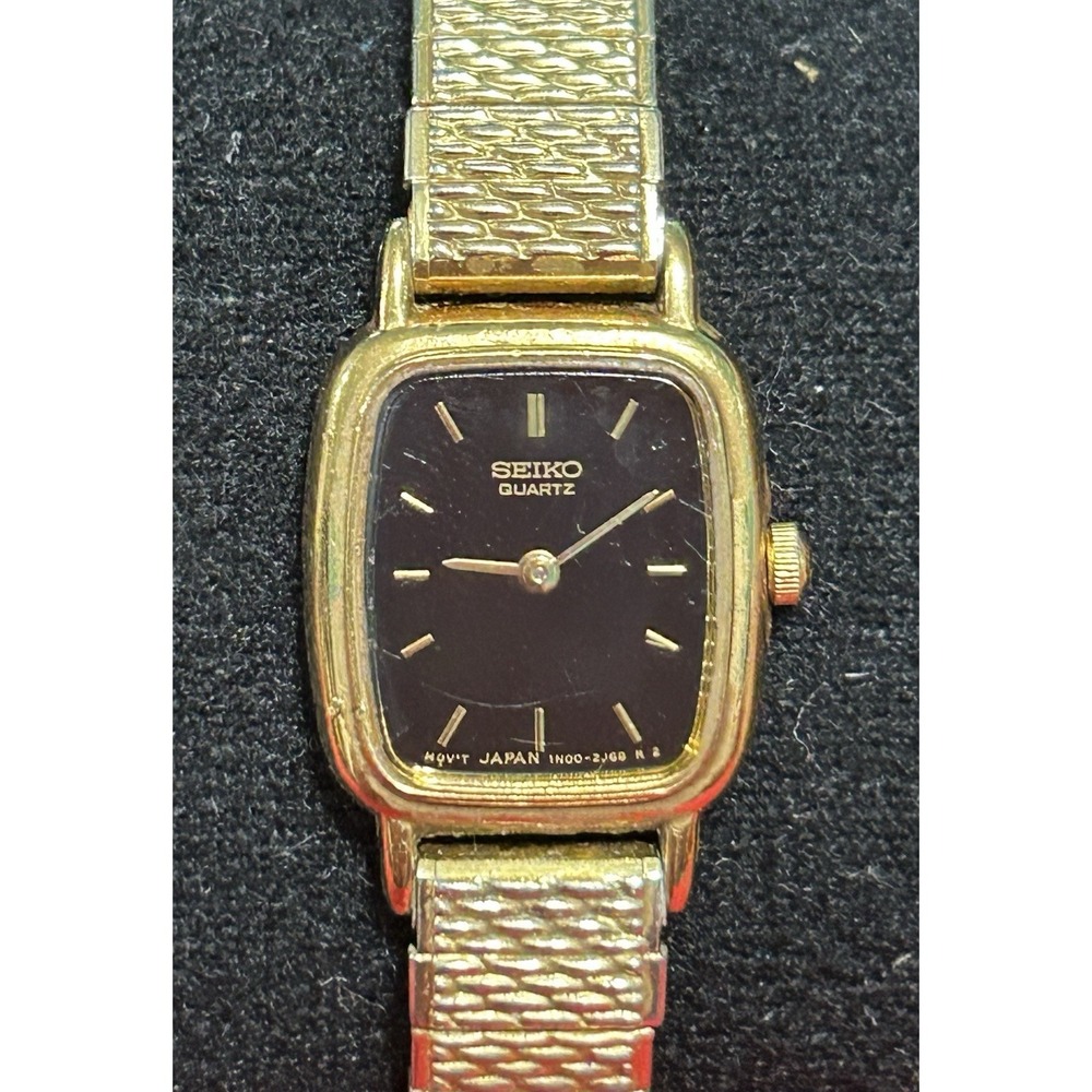 Vintage Seiko Watch Women Golden 1N00-5K29 Black Dial Stretch Japan New Battery